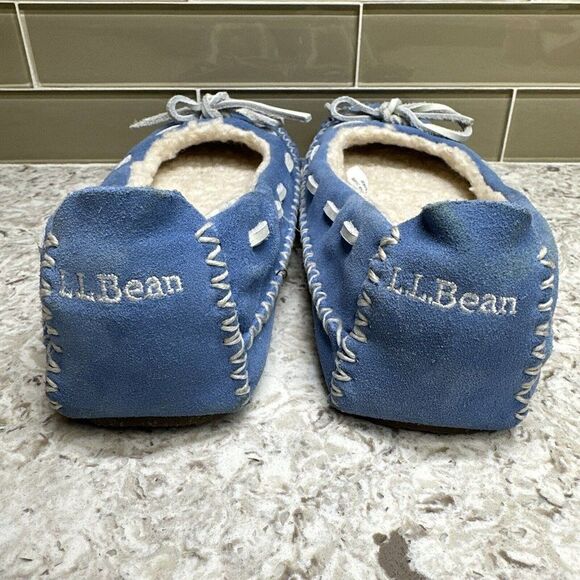 LL Bean Hearthside Sherpa Lined Blue Suede Moccasin Slippers - Picture 6 of 9
